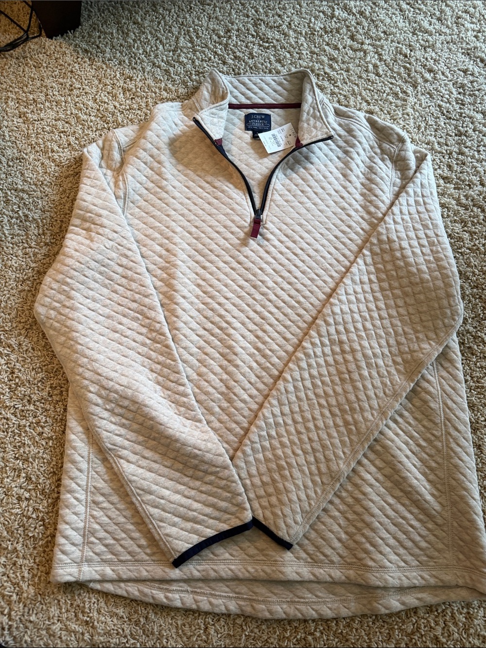 J. Crew Factory Quilted Cream Half-Zip Pullover with Contrast Trim